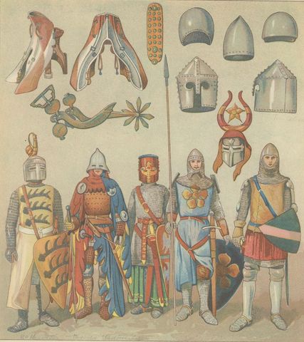Medieval German Knights and Armor, Antique Hand-Colored Print c.1880, close-up 2