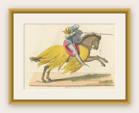 Mounted Knight in Tournament Armor c.1400, Antique Print, 1845, shown framed