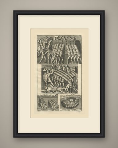 The Roman Testudo, Shield Roof Formations, Montfaucon Engraving, 1722, shown framed