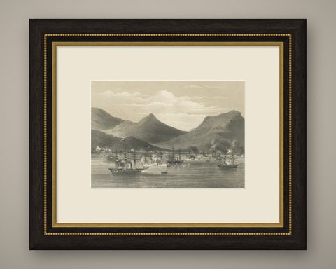 Old Military Scene of Dutch Ships Bombing Atchin in Sumatra, Indonesia, 1784, shown framed
