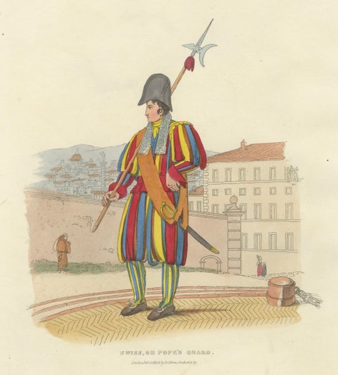 Papal Swiss Guard & Pioneer, Vatican Military Costumes, Polidori c.1820, close-up 3