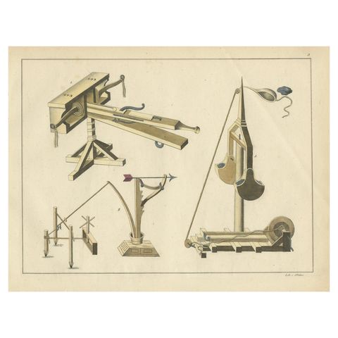19th-Century Hand-Coloured Lithograph of Medieval Siege Engines and Catapults
