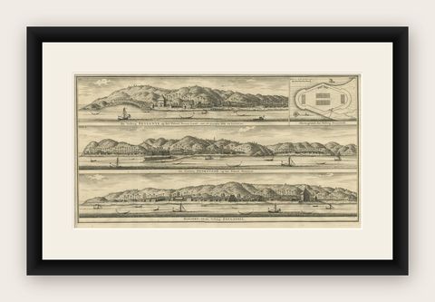 Antique Print of Fortifications in Indonesia by Valentijn '1726', shown framed