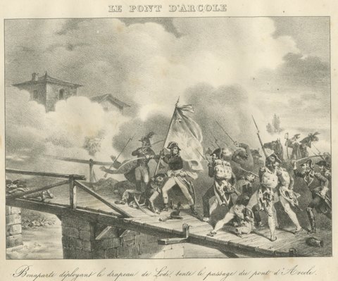 The Bridge of Arcole, the Flag of Lodi, Antique Madou Lithograph, 1827