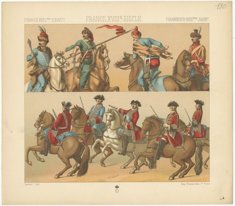 Pl. 130 Antique Print of French 18th Century Military Outfits by Racinet, view 2