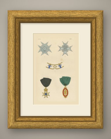 Sweden, Orders of the Polar Star and of Vasa, Plate LXXX, Wood Engraving, 1844, shown framed