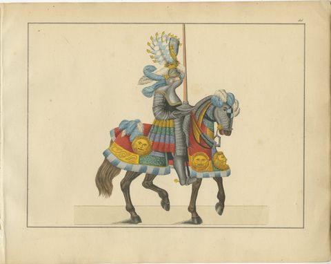 Hand-Coloured Knightly Parade Armour Print with Vibrant Heraldic Motifs, 1842, view 2