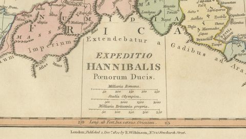 Hannibal’s Campaign Map, Spain to Italy via Alps, Wilkinson London 1817, close-up 2