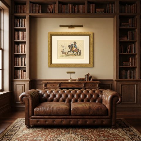 King Frederick William III Pointing from a Rearing Black Horse, 1815, shown framed in a room