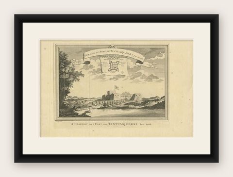 Antique Print of Fort Tantumquery, Ghana, 1748, shown framed
