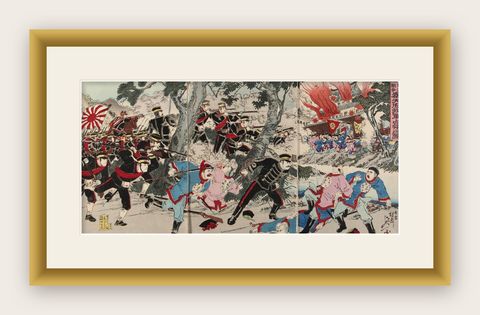 Meiji-Era Triptych of the Battle of Pyongyang in the Sino-Japanese War, 1894, shown framed