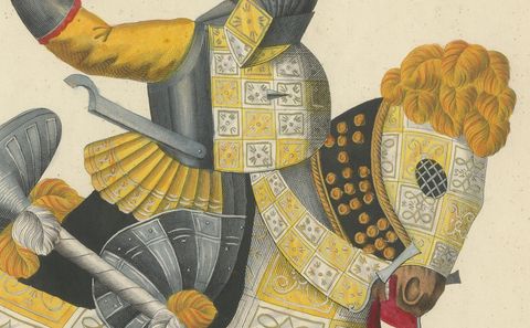 19th-Century Hand-Coloured Litho: Ornate Jousting Knights with Striking Heraldry, close-up 2