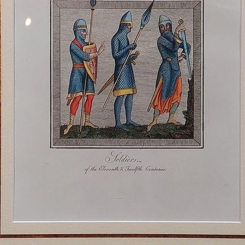 Antique Print of Soldiers of the 11th and 12th Century by Strutt '1842', close-up 2