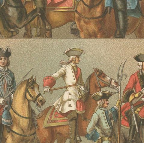 Pl 128 Antique Print of French 18th Century Military Outfits by Racinet, close-up 2
