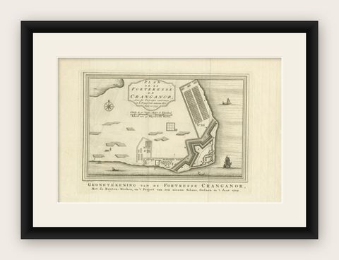 Antique Print of the Kodungallur Fortress by Van Schley, 1755, shown framed