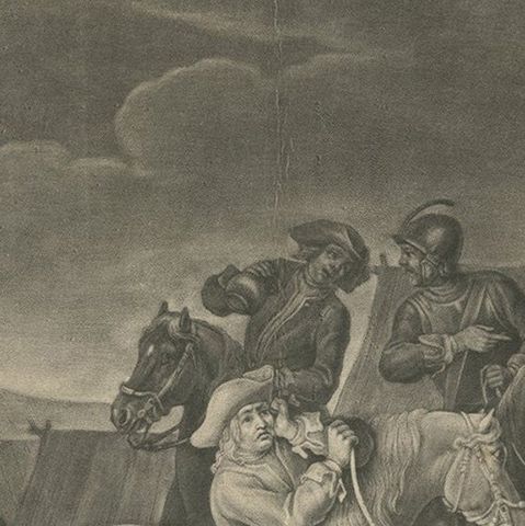 Mezzotint of Soldiers Near the Sutler's Tent for Tobacco, Beer and Meat, Ca.1750, close-up 1