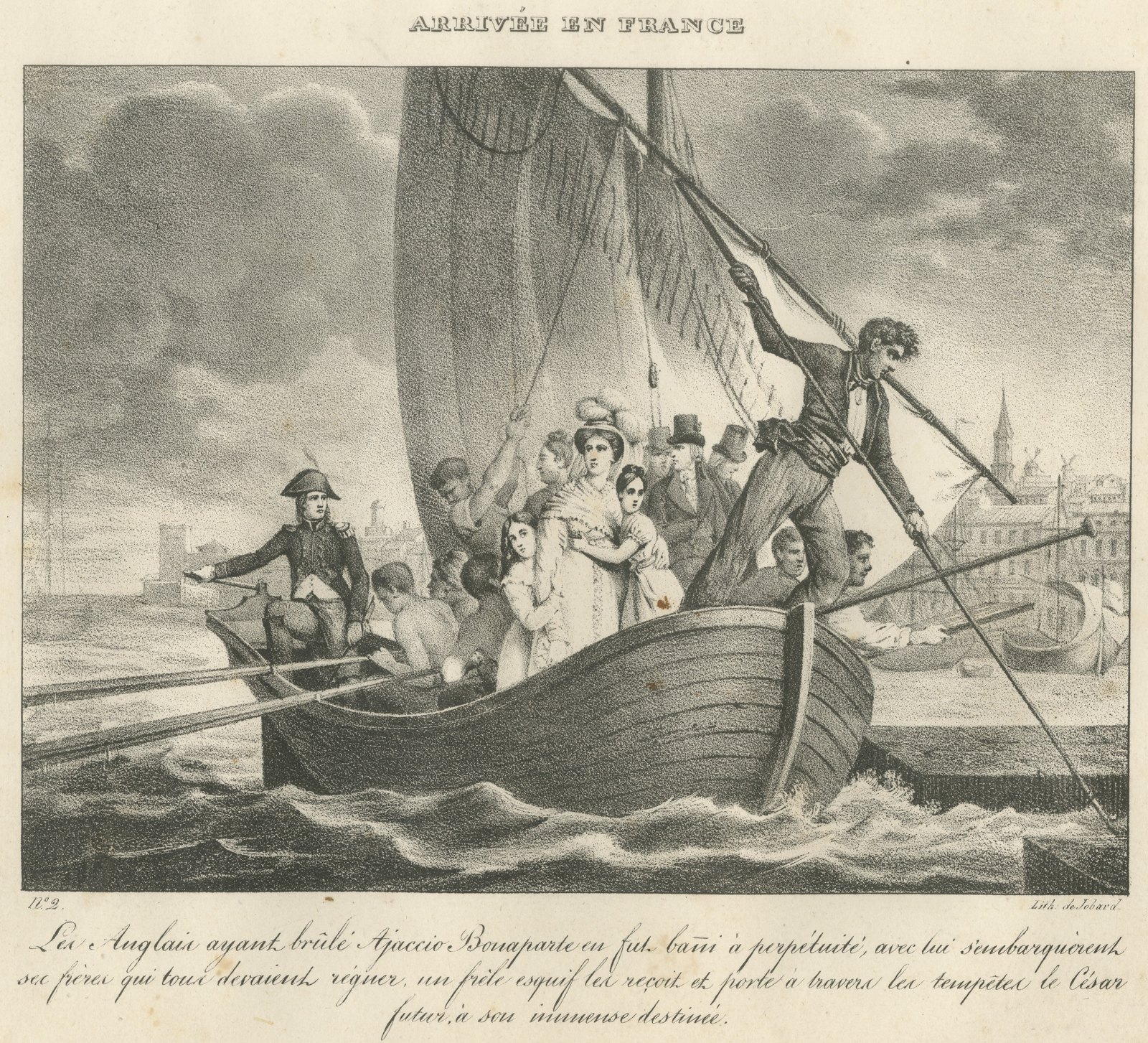Arrival in France, the Bonapartes Flee Ajaccio, Antique Madou Lithograph, 1827
