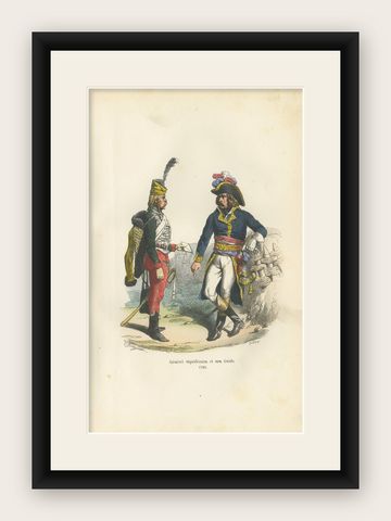 Republican General & His Guide 1795, Napoleonic Era Military Uniform Print, 1843, shown framed