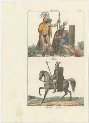 Ancient Germanic Militia and a Mounted Soldier, Hand Colored Lithograph, 1842, view 2