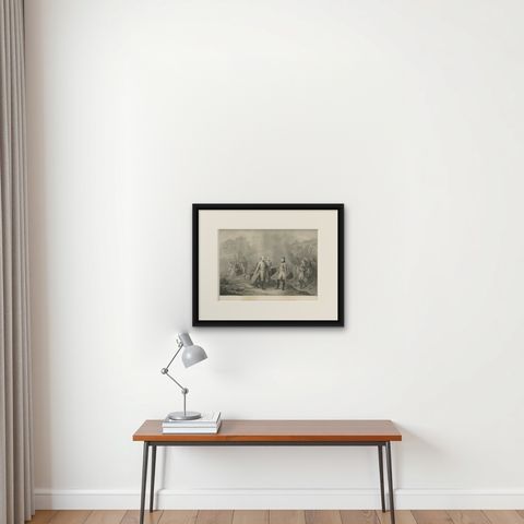 Napoleon and Francis II after Austerlitz, Antique French Engraving, circa 1840, shown framed on a wall