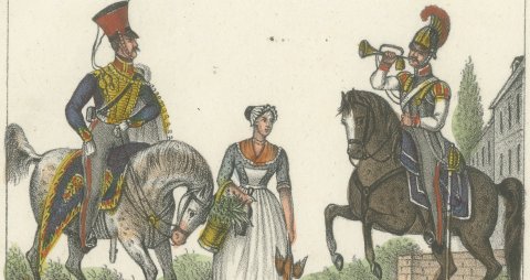 Hussar Officer, Berlin Cook and Cuirassier Trumpeter with the Rügen Cliffs, 1842, close-up 1