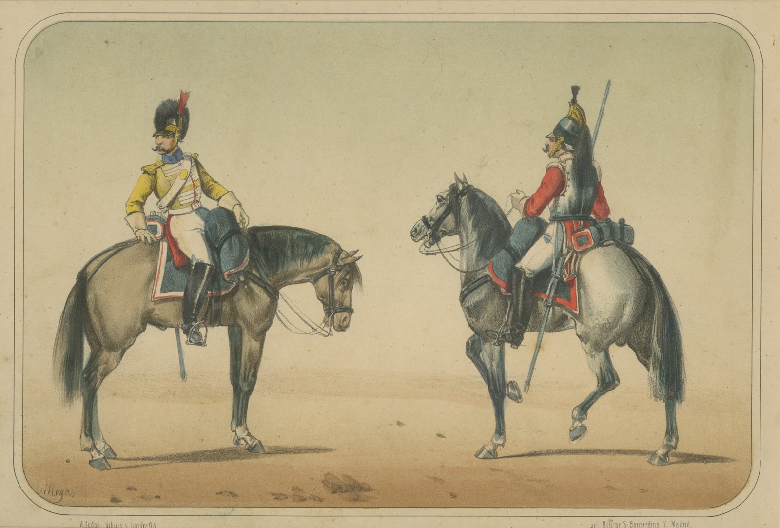 Spanish Cavalry Troopers in Bearskin Cap and Crested Helmet, Villegas, 1861