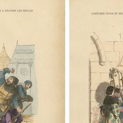 Set of Four Antique French Medieval Military Costume Prints, circa 1860, close-up 1