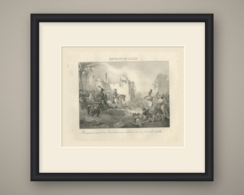 Revolt of Cairo, Bonaparte Ends the Uprising, Antique Madou Lithograph, 1827, shown framed