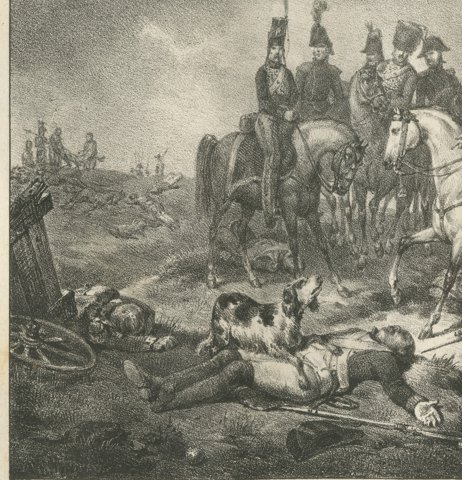 Battle of Bassano, the Dog on the Field, Antique Madou Lithograph, 1827, close-up 1