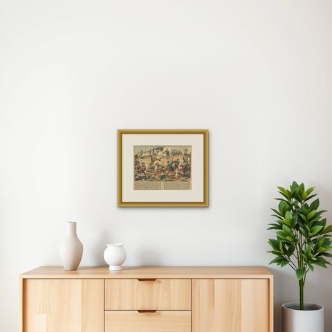Tonkin War Battle Scene, Défense de Tuyen-Quan, Épinal Print, 1885, shown framed on a wall