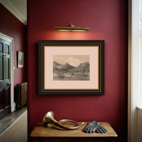 Old Military Scene of Dutch Ships Bombing Atchin in Sumatra, Indonesia, 1784, shown framed on a wall