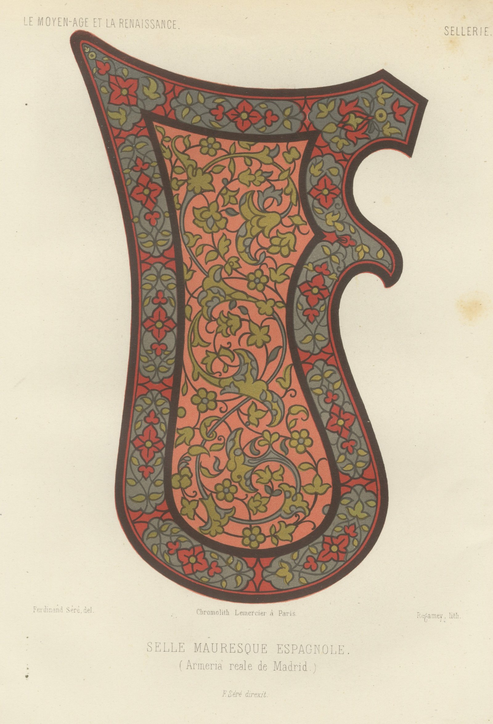 Moorish Spanish Saddle, Royal Armory of Madrid, Antique Print, 1851
