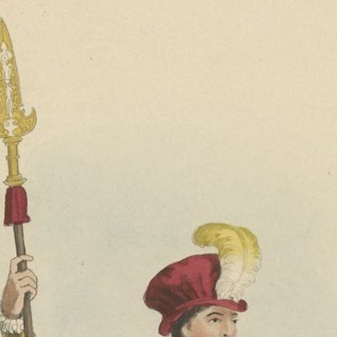 Nicely Hand-colored Antique Print of Embossed Armour, 1842, close-up 2