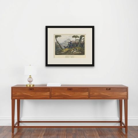 Original Antique Print of Mountain Warfare: The 1834 Alpine Encounter, c.1834, shown framed on a wall