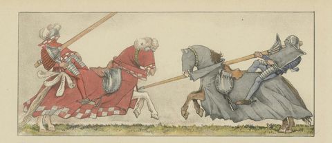 Antique German Jousting Knights Plate c.1500, Hand-Colored Print, Published 1880, close-up 2