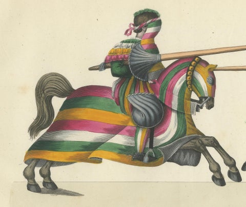 Hand-Coloured Jousting Scene with Vibrant Striped and Floral Caparisons, 1842, close-up 5