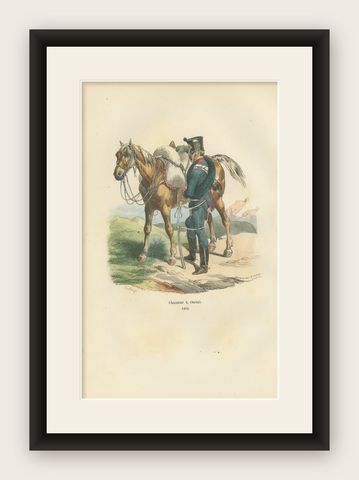 Chasseur à Cheval, Napoleonic Light Cavalry, Hand-Colored Military Print, 1843, shown framed