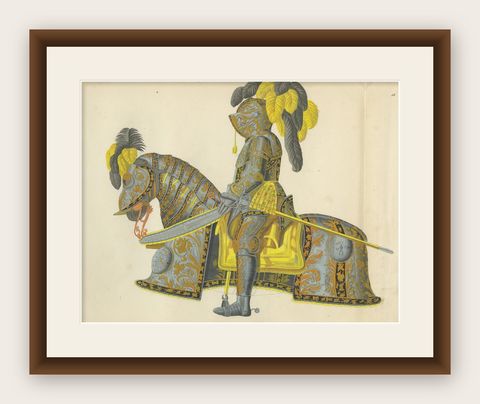 Knight in Full Tournament Armor on an Elaborately Caparisoned Horse, 1842 Litho, shown framed
