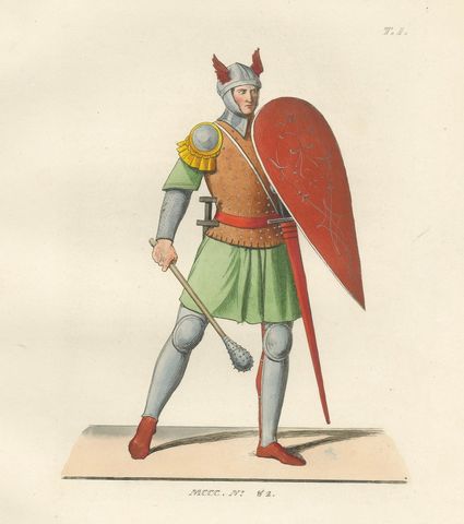 Armored Knight c.1400 with Winged Helmet, Antique Print Published 1845, close-up 1
