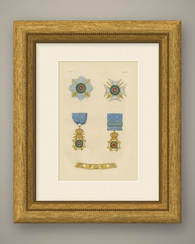 Hanover, Royal Guelphic Order Insignia, Plate XXXVIII, Wood Engraving, 1844, shown framed