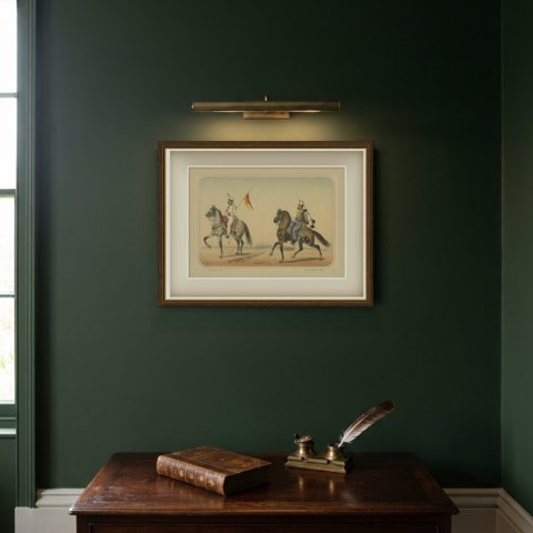 Spanish Cavalry Lancer and Hussar, Lithograph by Villegas, Madrid, 1861, shown framed on a wall