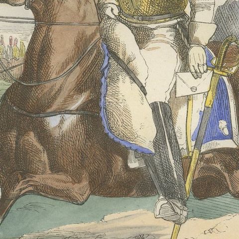 Carabinier, Napoleonic Imperial Guard cavalry, hand-colored print, Paris 1843, close-up 3