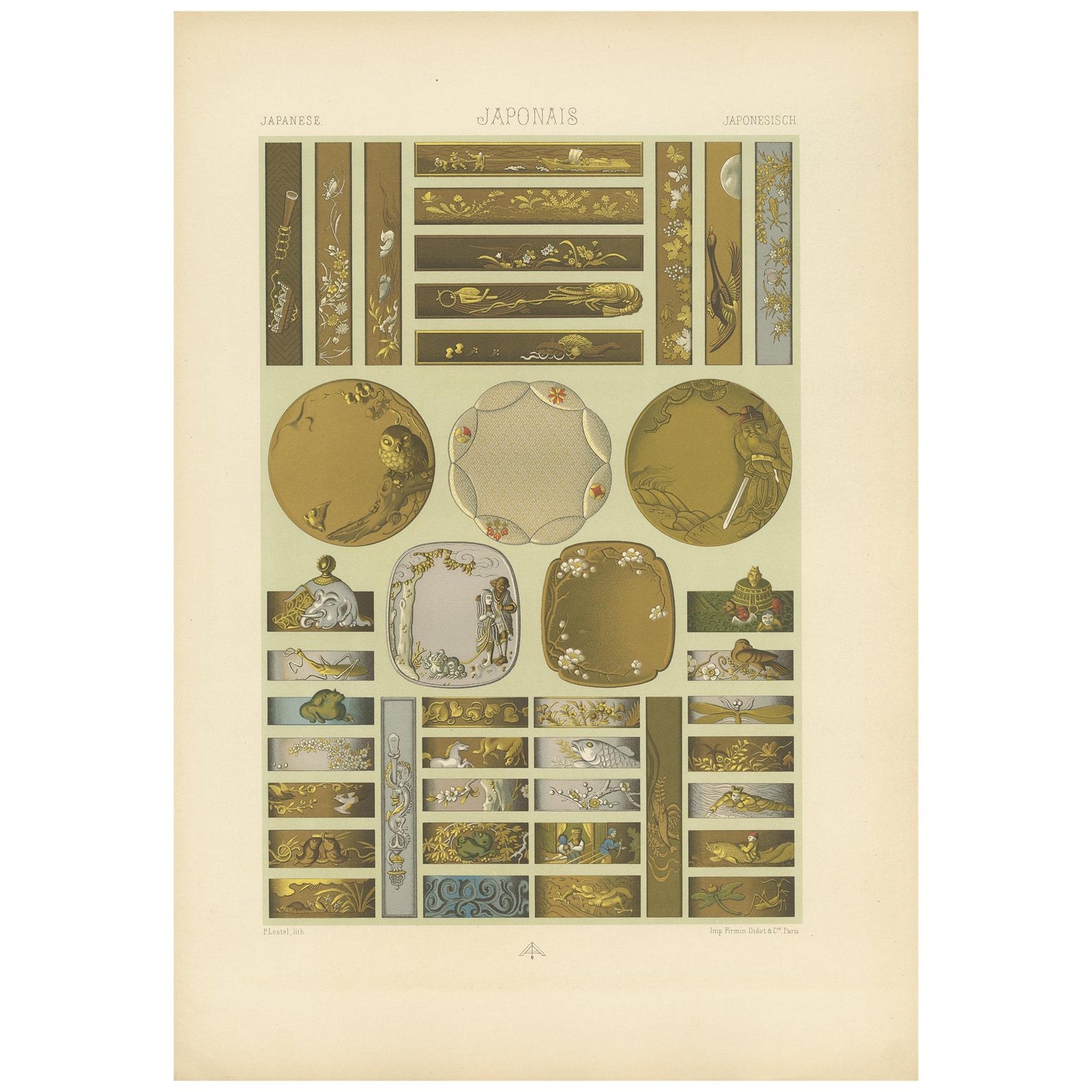 Pl. 10 Antique Print of Japanese Sword & Knife and Handles, Racinet, circa 1890