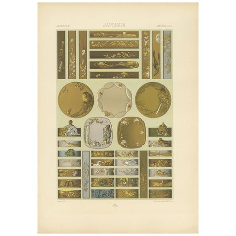 Pl. 10 Antique Print of Japanese Sword & Knife and Handles, Racinet, circa 1890
