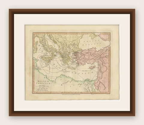 Antique Trojan War Map, Bellum Trojanum Mediterranean, Wilkinson 1815, shown framed