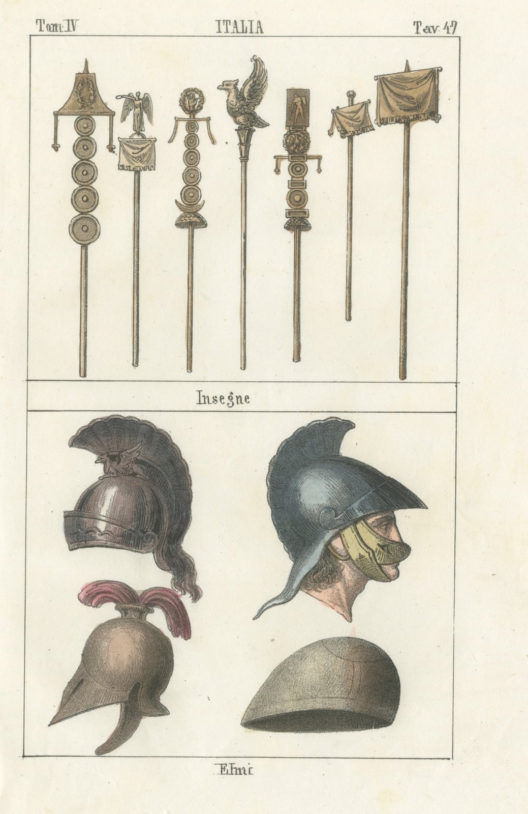 Roman Military Standards and Crested Helmets, Hand Colored Lithograph, 1842