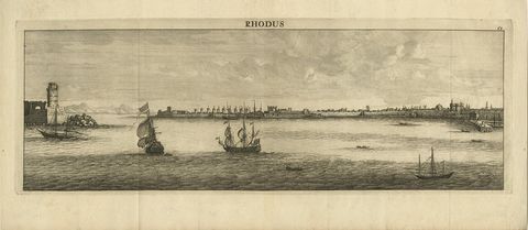 Beautiful View of Rhodes, Greece, depicting the Old Town with Fort, 1698, view 2