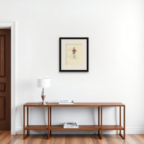Antique Print of a Military Costume by Bonnard, 1860, shown framed on a wall