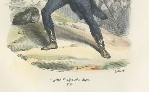 Napoleonic Light Infantry Officer 1795, French Military Uniform Print, 1843, close-up 1