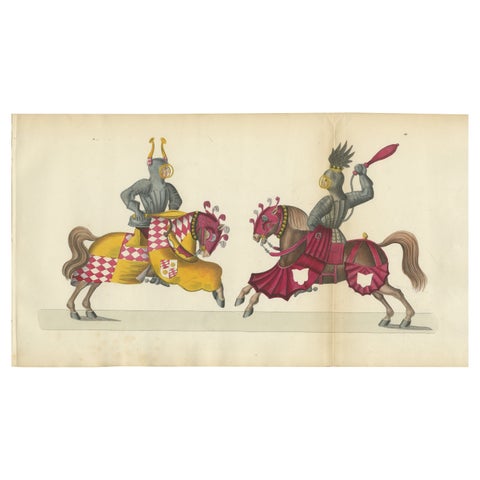 19th-Century Hand-Coloured Lithograph of Knightly Combat with Heraldic Horses